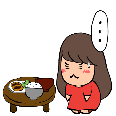 真剣な表情で食事を見つめるイラスト（汗と吹き出しあり）